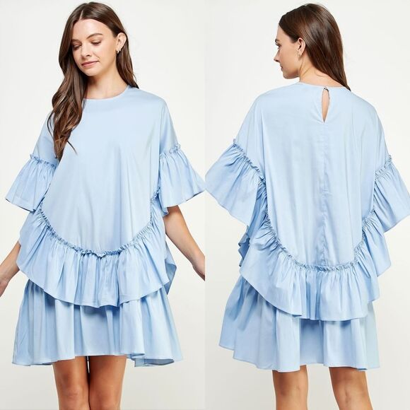 Essentiel Antwerp Becha Ruffle Poplin Oversized Tent Dress Blueberry Light Blue - Picture 2 of 15